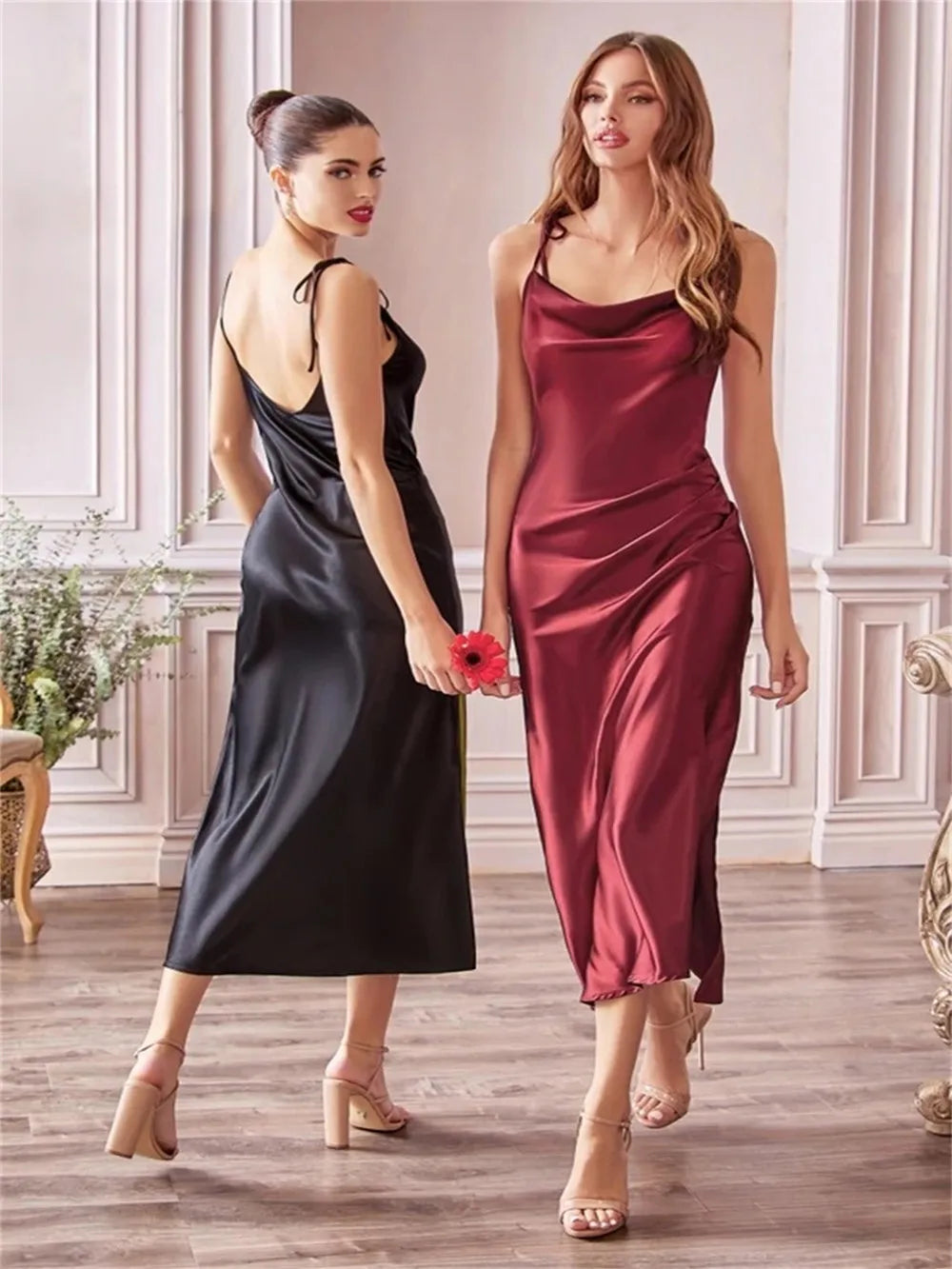 Burgundy Satin Beach Side Slit Adjustable Straps Evening Prom Dress - MERGE.DAY.1.FREESTYLE