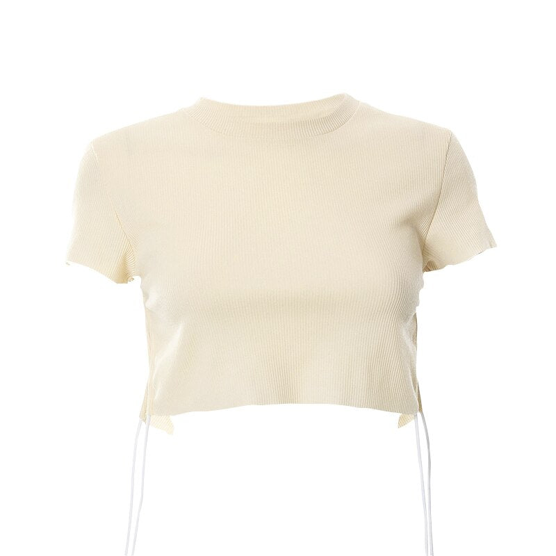 Sexy O Neck Split Ribbons Cropped T-Shirts Women Ribbed Knit Short Sleeve Slim Tshirts 2022 Summer - MERGE.DAY.1.FREESTYLE