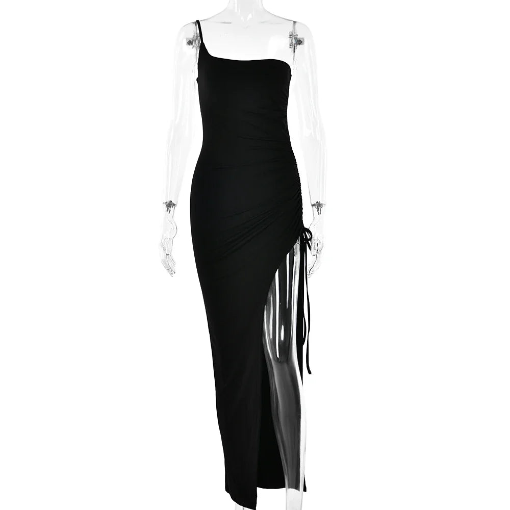 Drawstring High Slit Shoulder Slim Elastic Maxi Bodycon Dress - MERGE.DAY.1.FREESTYLE