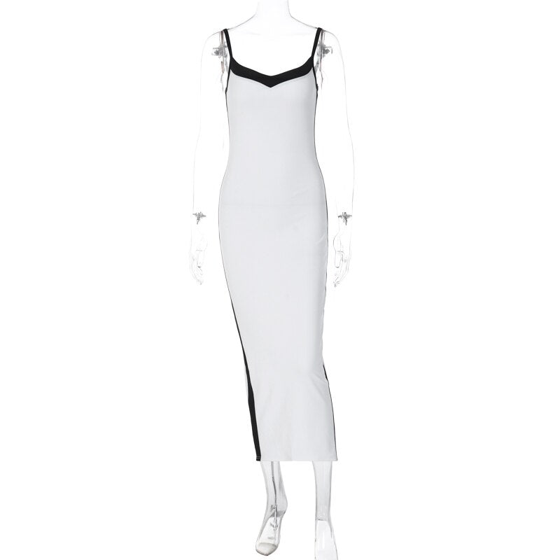 Color Bloack V Neck Sleeveless Slip Slit Sexy Bodycon Maxi Dress Y2K Outfit - MERGE.DAY.1.FREESTYLE