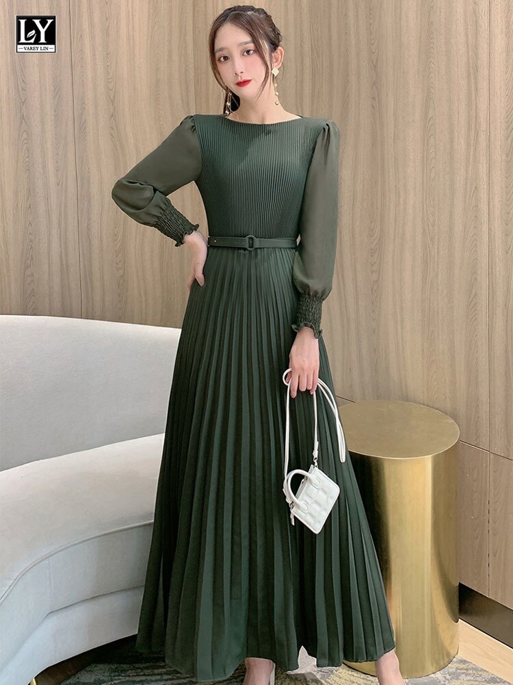 O-neck Long Sleeve A-line Dress Office Lady Pleated Maxi Dress - MERGE.DAY.1.FREESTYLE
