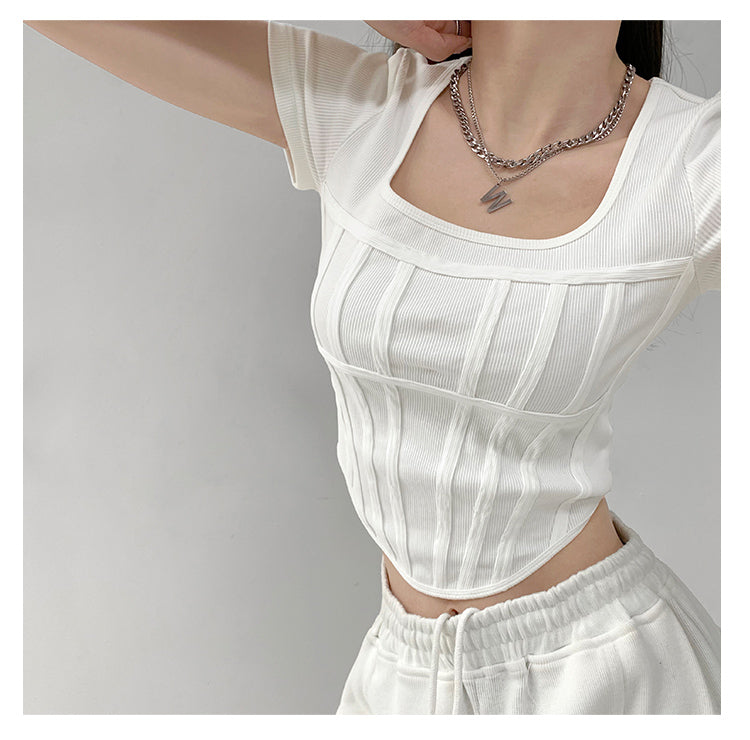Summer Bright Line White T-shirt Women Slim Square Neck Short Sleeve Cropped Tops Female - MERGE.DAY.1.FREESTYLE