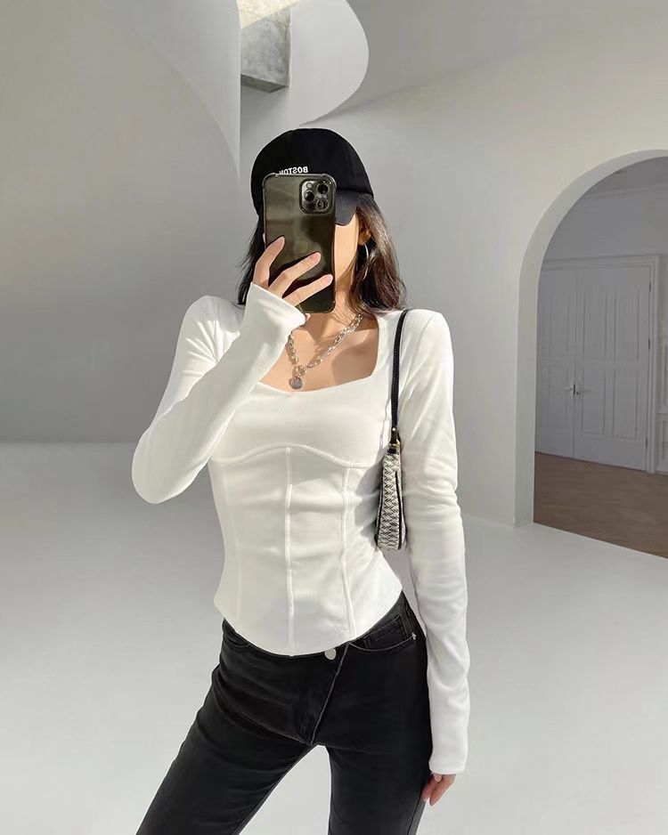 High Waist Cropped Tops Women Fashion Square Neck Long Sleeve T-Shirt Slim Basic Y2K Tees - MERGE.DAY.1.FREESTYLE