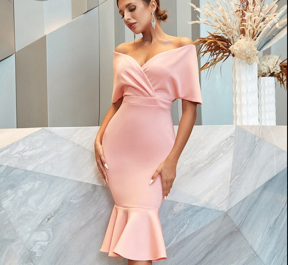 Pink Mermaid Dress Vestidos Summer Sexy Off Shoulder Elegant Evening - MERGE.DAY.1.FREESTYLE
