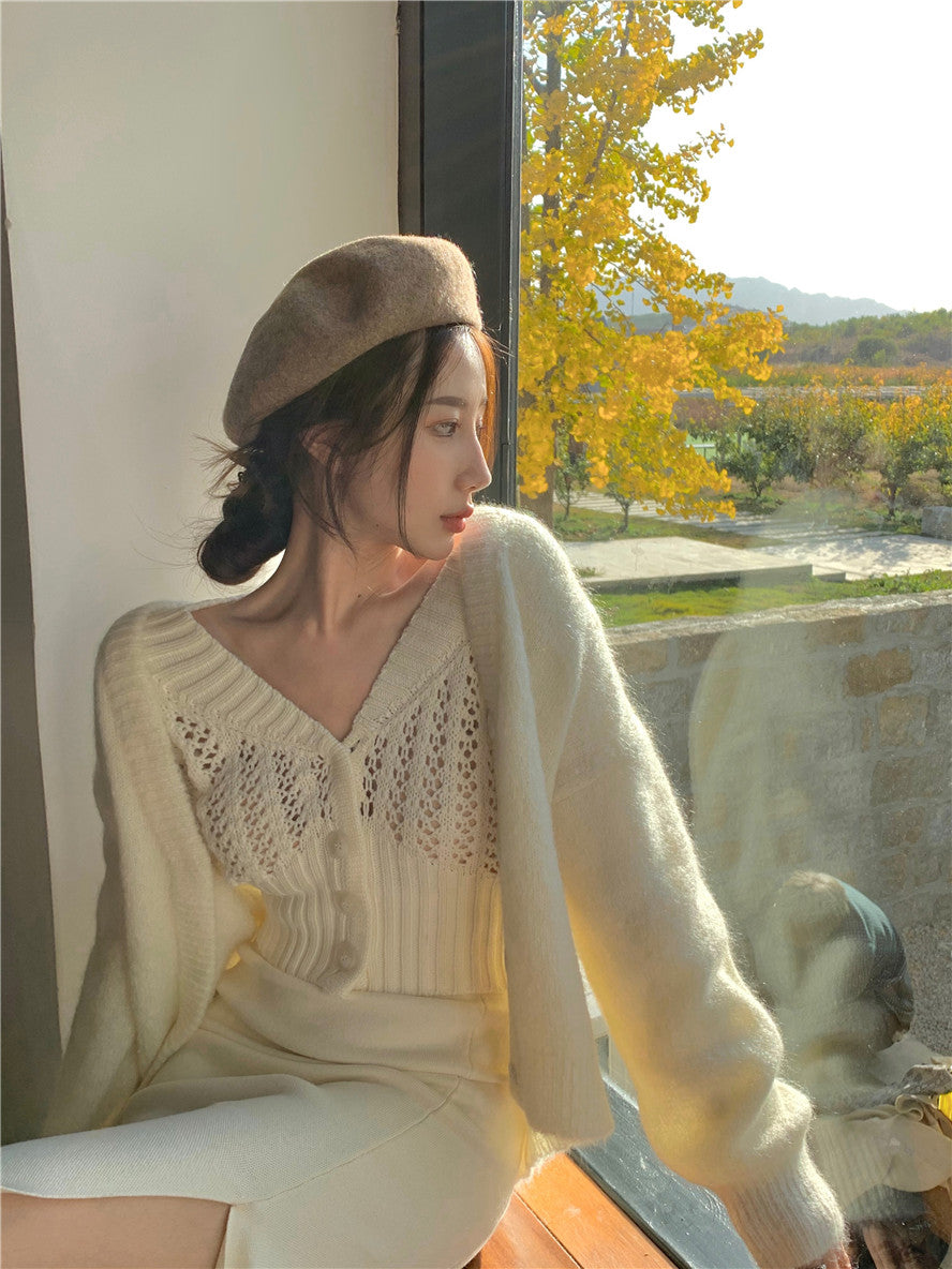 Women Hollow Sweater Cardigan Outerwear V Neck Button Knitted Tops Jackets - MERGE.DAY.1.FREESTYLE
