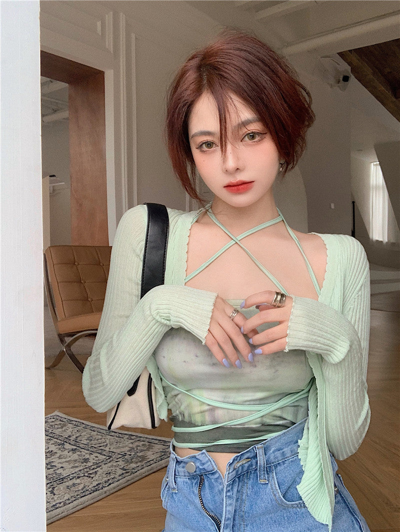 Summer Cardigan Two Piece Sets Women Fashion Slim Green Tie-dye Tops+See Through Thin Knitted - MERGE.DAY.1.FREESTYLE