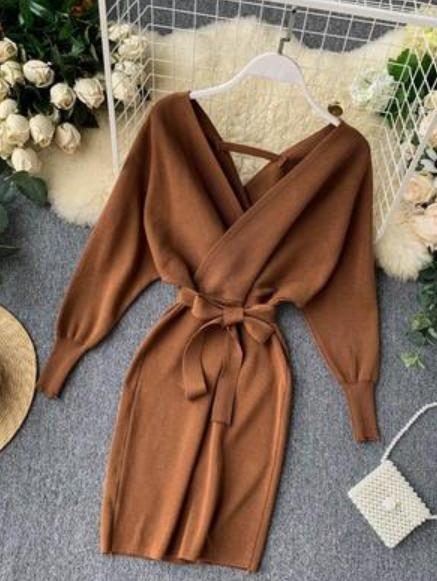 Autumn Women Sexy Elegant Knitted Dress Backless V Neck Sash Tie Up High Waist Dresses - MERGE.DAY.1.FREESTYLE