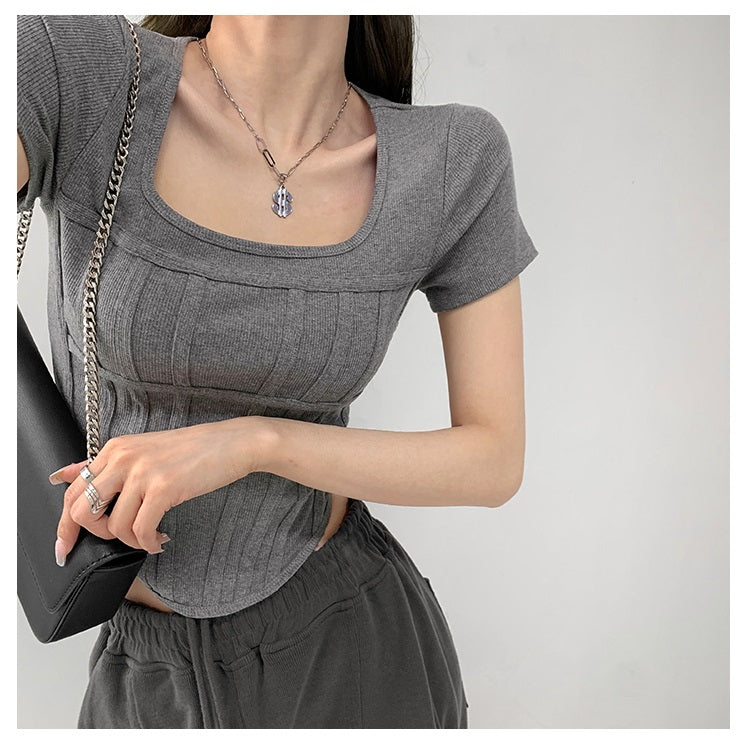 Summer Bright Line White T-shirt Women Slim Square Neck Short Sleeve Cropped Tops Female - MERGE.DAY.1.FREESTYLE