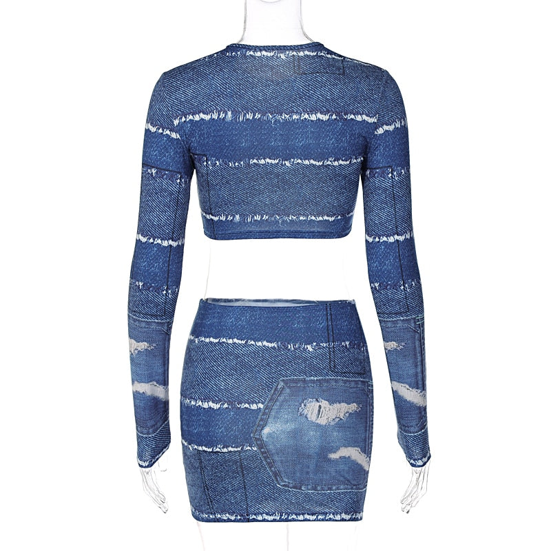 Print O Neck Long Sleeve Vintage Sexy Crop Top Patchwork Skirt 2 Pcs Set - MERGE.DAY.1.FREESTYLE