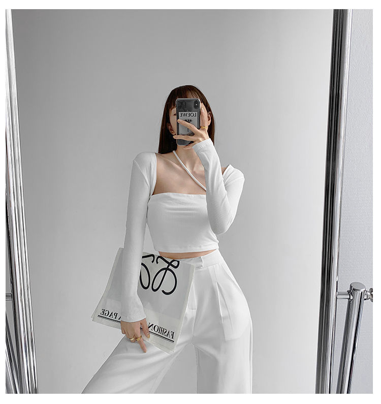 Cropped Tops Women Square Collar Slanted Shoulder Straps Halter Neck Long Sleeve T-shirt - MERGE.DAY.1.FREESTYLE