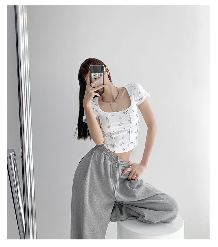 Summer Floral Cropped Top Women Slim Square Neck Short Sleeve White T-shirts Female - MERGE.DAY.1.FREESTYLE