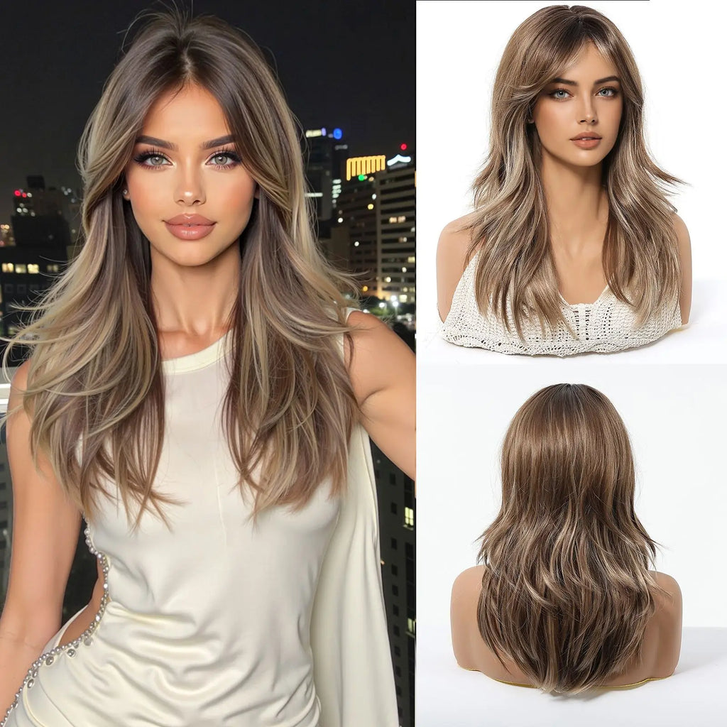 EASIHAIR Medium Length Orange Synthetic Wigs for Women Natural Wavy Wigs With Bangs Heat Resistant Fiber Wigs for Daily Cosplay