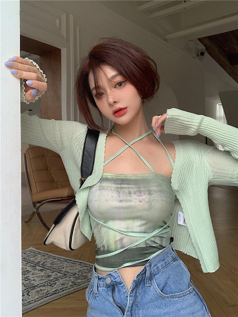 Summer Cardigan Two Piece Sets Women Fashion Slim Green Tie-dye Tops+See Through Thin Knitted - MERGE.DAY.1.FREESTYLE