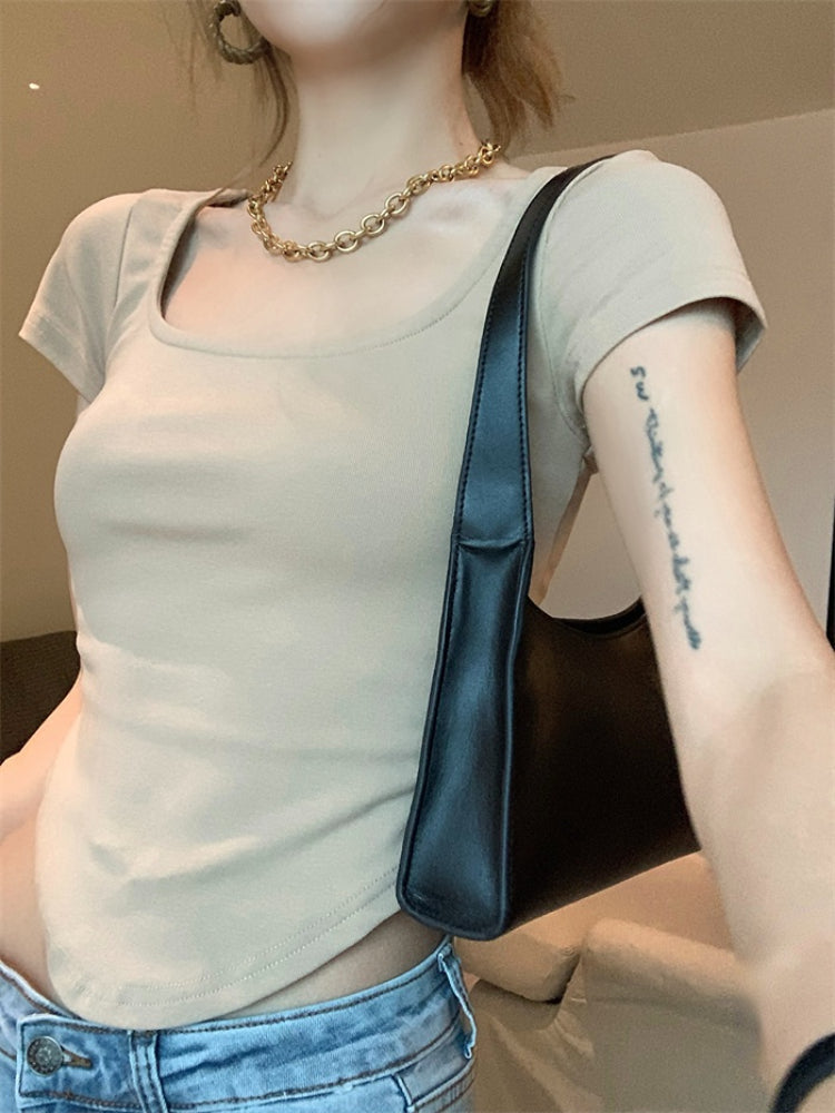Pure Color Slim Short Sleeve Tees Women 2022 Summer Y2k Crop Fashion Sexy Blouse - MERGE.DAY.1.FREESTYLE