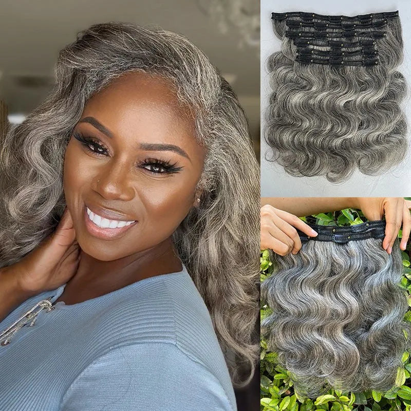 SoulLady Salt and Pepper Clip in Hair Extensions Real Human Hair Brazilian Virgin Human Hair Extensions 6 Pieces/Set for Senior - MERGE.DAY.1.FREESTYLE
