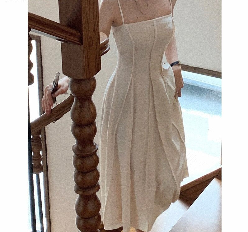 Vintage Spaghetti Strap A-line Dress Summer Slim Waist Sleeveless Mid-Length vestidos - MERGE.DAY.1.FREESTYLE