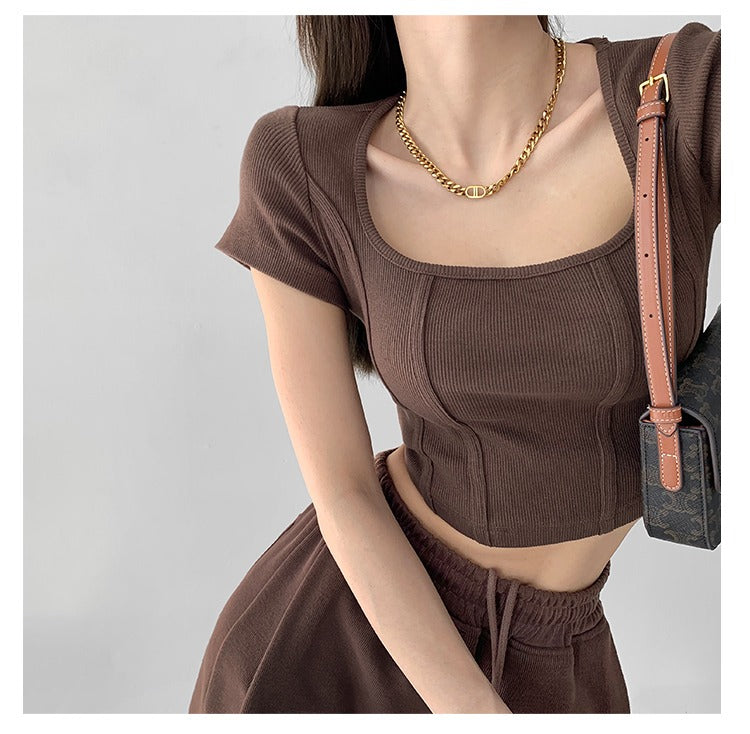 Vintaege Y2K Tops Women Summer Square Collar Short Sleeve T-shirt Fishbone Line Slim Crop - MERGE.DAY.1.FREESTYLE