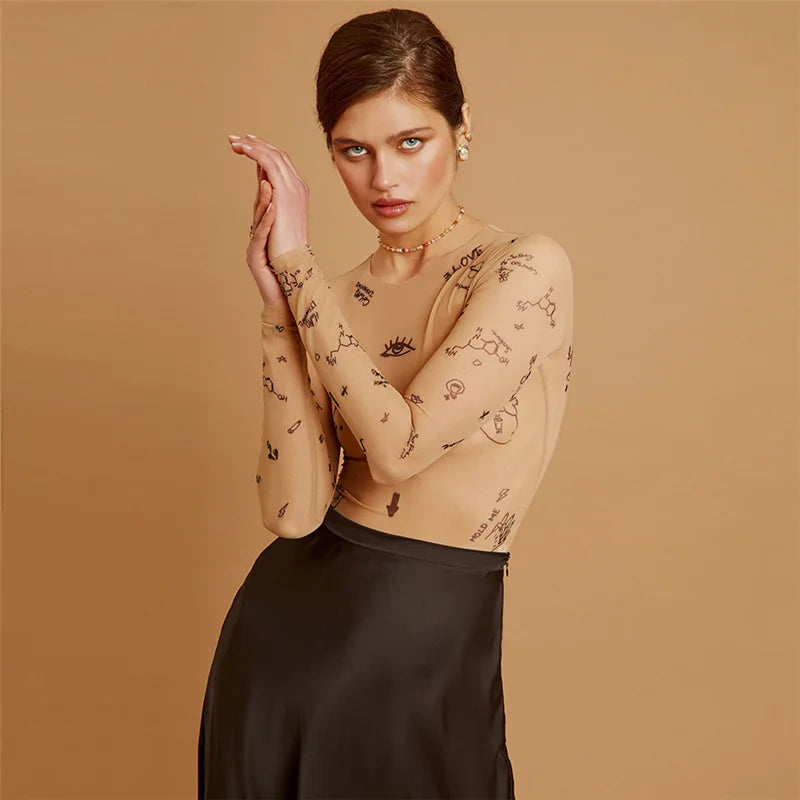 Print tight-fitting one-piece Top Women Long-Sleeved Bodysuits O-Neck - MERGE.DAY.1.FREESTYLE