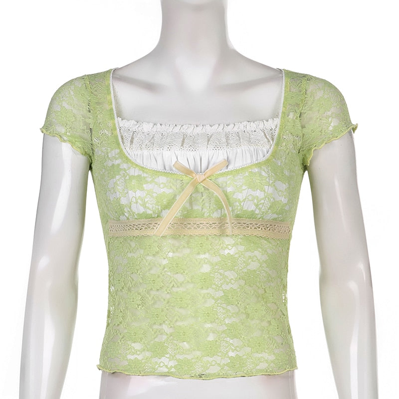 Trim Crop Top Bow Cute Sweet T Shirt Women Retro Short Sleeve Lace Patched Tshirt - MERGE.DAY.1.FREESTYLE