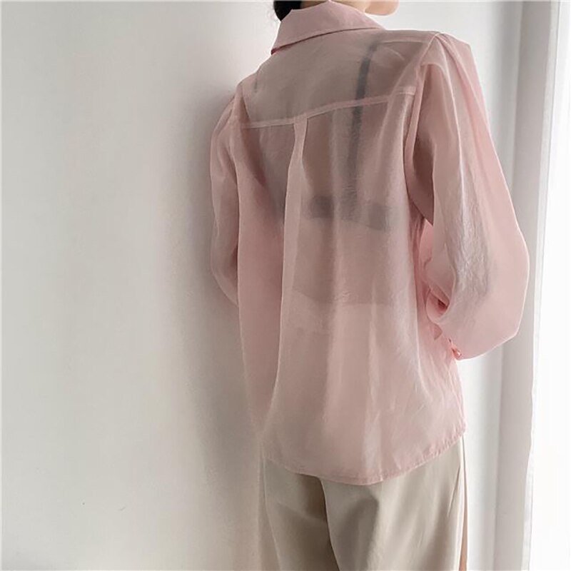 See Through Button Down Shirts Women New Loose Long Sleeve Blouse Female 2022 Summer Suncreen Tops - MERGE.DAY.1.FREESTYLE