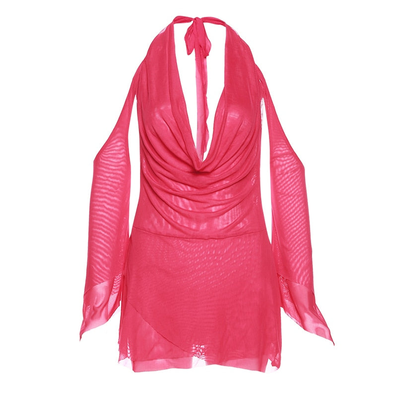 Halter Long Sleeves Irregular Draped Mini Dress - MERGE.DAY.1.FREESTYLE