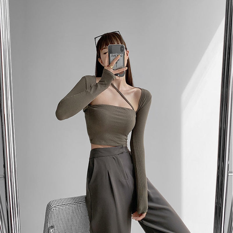 Cropped Tops Women Square Collar Slanted Shoulder Straps Halter Neck Long Sleeve T-shirt - MERGE.DAY.1.FREESTYLE