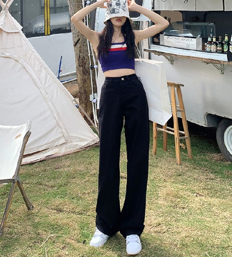 Cotton Ladies Wide Leg Denim Pants High Waist Loose Pockets Jeans Trousers - MERGE.DAY.1.FREESTYLE