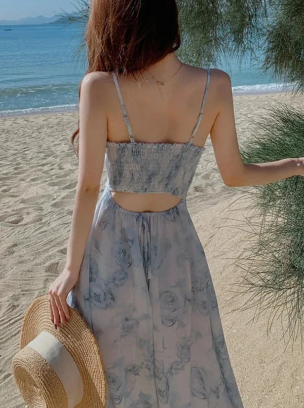 Floral Spaghetti Strap Dress Elastic Ruched Sexy Hollow Backless Party Dress - MERGE.DAY.1.FREESTYLE