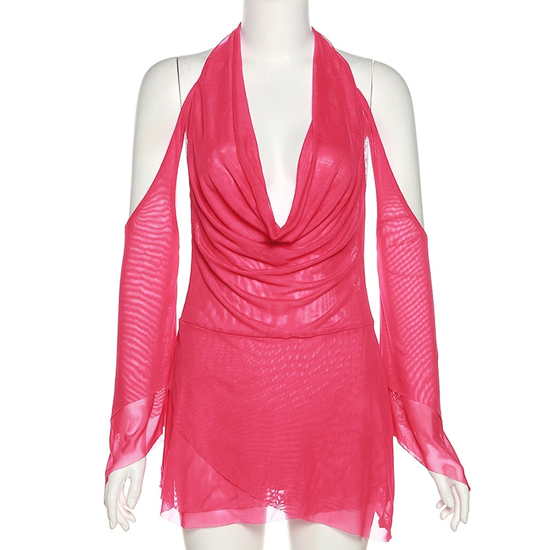 Halter Long Sleeves Irregular Draped Mini Dress - MERGE.DAY.1.FREESTYLE