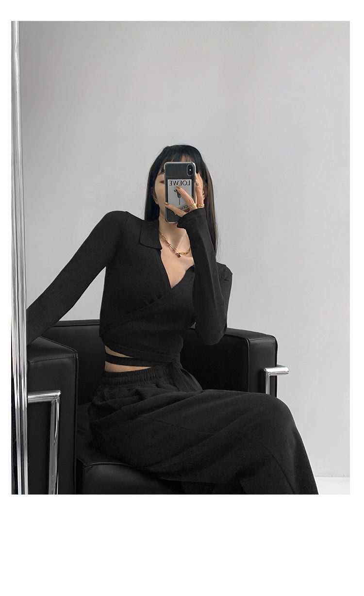 Waist Cross Bandage Polo Shirt Women Y2K Tops Fashion Fitness V-neck T-shirts Woman - MERGE.DAY.1.FREESTYLE