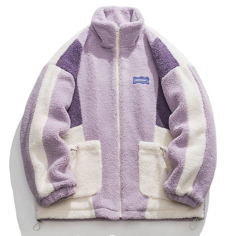 Hip Hop Streetwear Winter Color Block Patchwork Fuzzy Fluffy Thick Warm Coat - MERGE.DAY.1.FREESTYLE