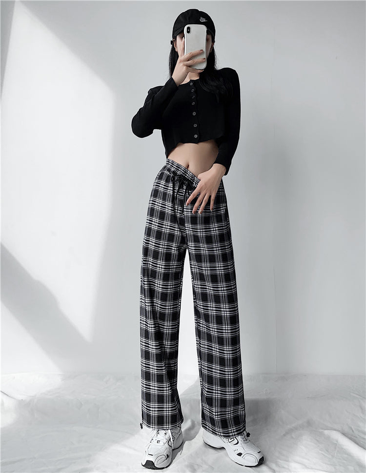 Plaid Pants Women High Waist Drawstring Loose Straight Baggy Pants 2022 Spring and Summer - MERGE.DAY.1.FREESTYLE