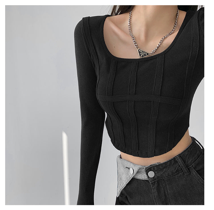 Fishbone Pattern Women's Long Sleeve T-shirt High Waist Slim Square Collar Tops Woman - MERGE.DAY.1.FREESTYLE