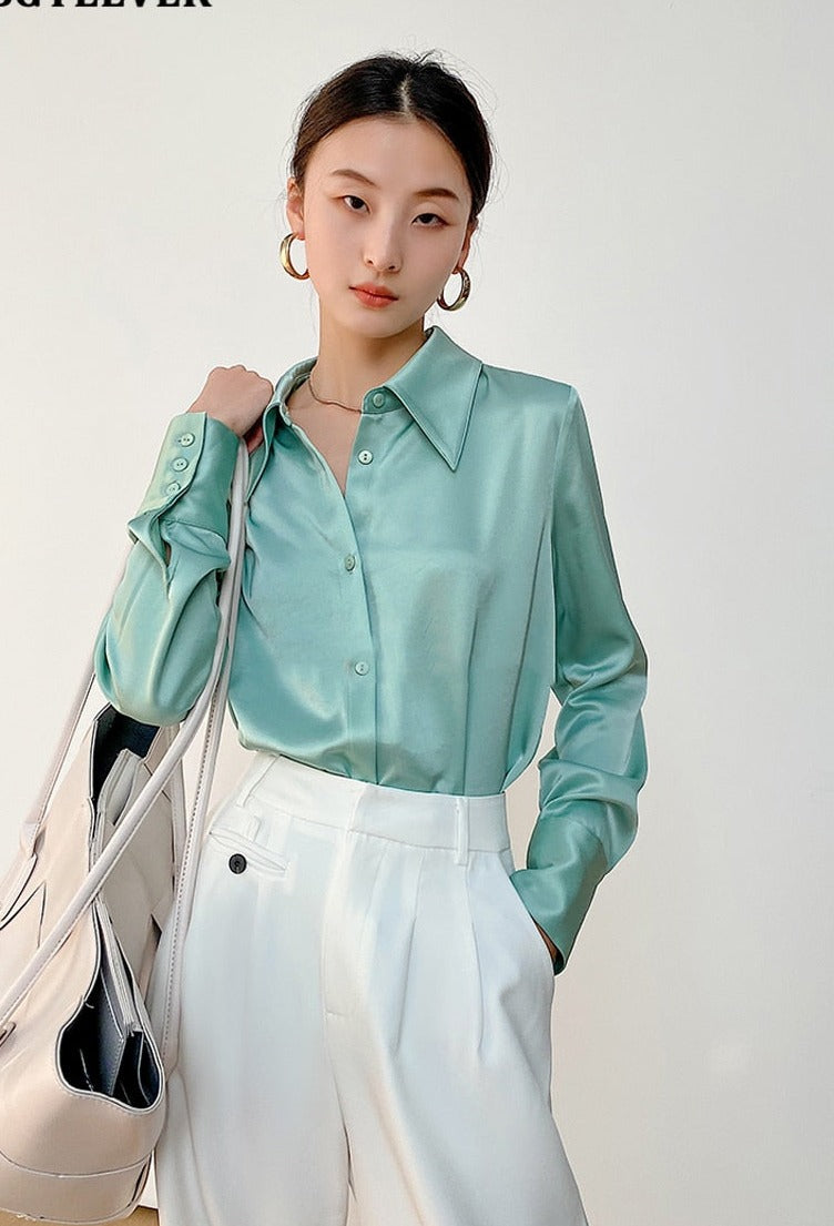 Turn-down Collar Solid Blouses Women Full Sleeve Loose Single-breasted Satin Shirts - MERGE.DAY.1.FREESTYLE