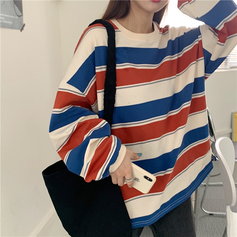 Striped POLO Shirt Men Women Casual Loose Couple BF Lapel Sweatshirts - MERGE.DAY.1.FREESTYLE