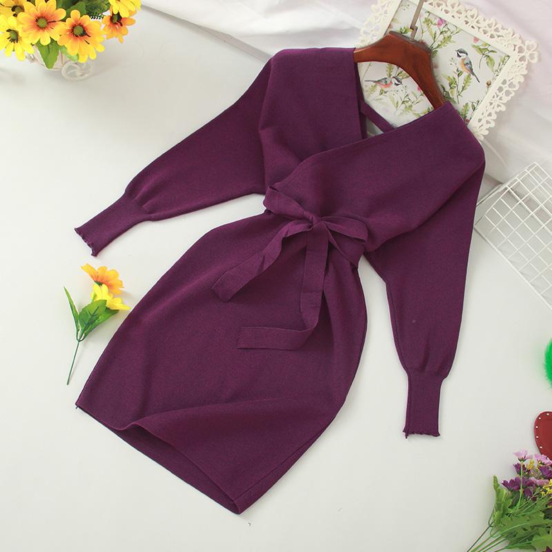 Autumn Women Sexy Elegant Knitted Dress Backless V Neck Sash Tie Up High Waist Dresses - MERGE.DAY.1.FREESTYLE