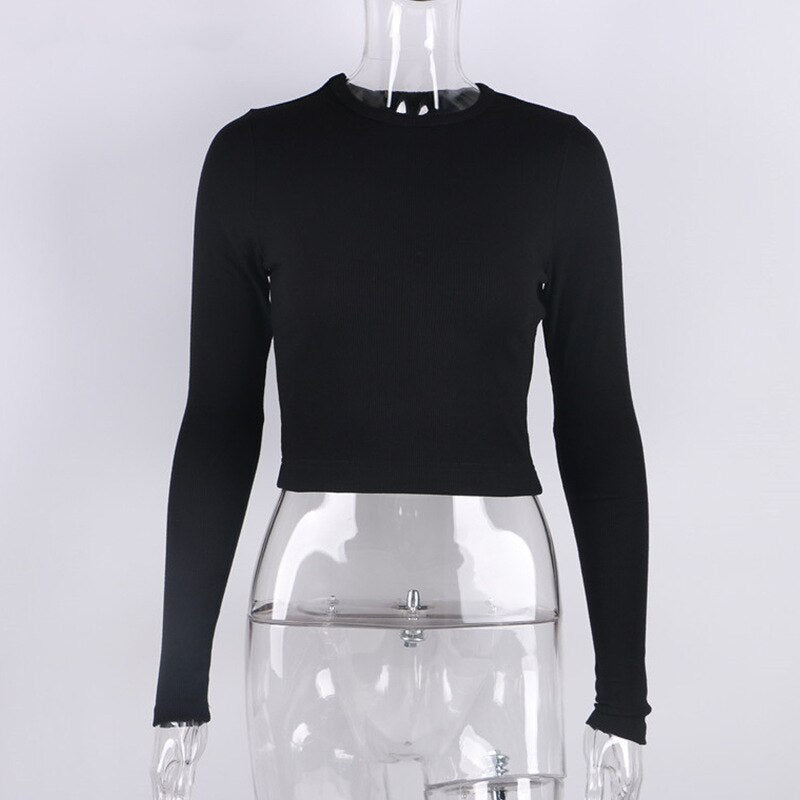 O Neck Long Sleeve Shirt Women Ribbed Sexy Cropped Tops Casual Skinny T Shirts White - MERGE.DAY.1.FREESTYLE