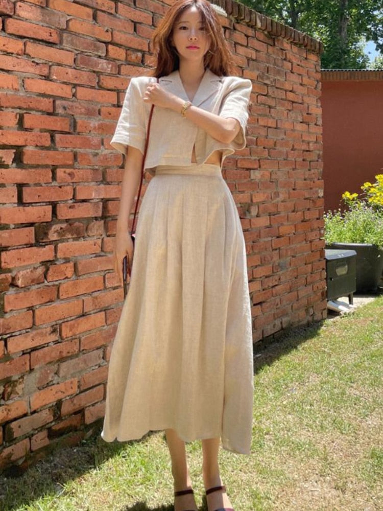 Cotton Linen Skirt 2 Two Piece Sets Outfits Female Short Sleeve Blazer Suits with High Waist - MERGE.DAY.1.FREESTYLE