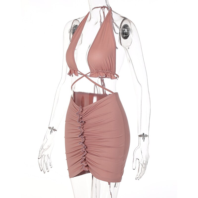 Ruffled Solid Halter Hollow Out Sleeveless Crop Top Pleated Skirts 2 Pieces Set - MERGE.DAY.1.FREESTYLE
