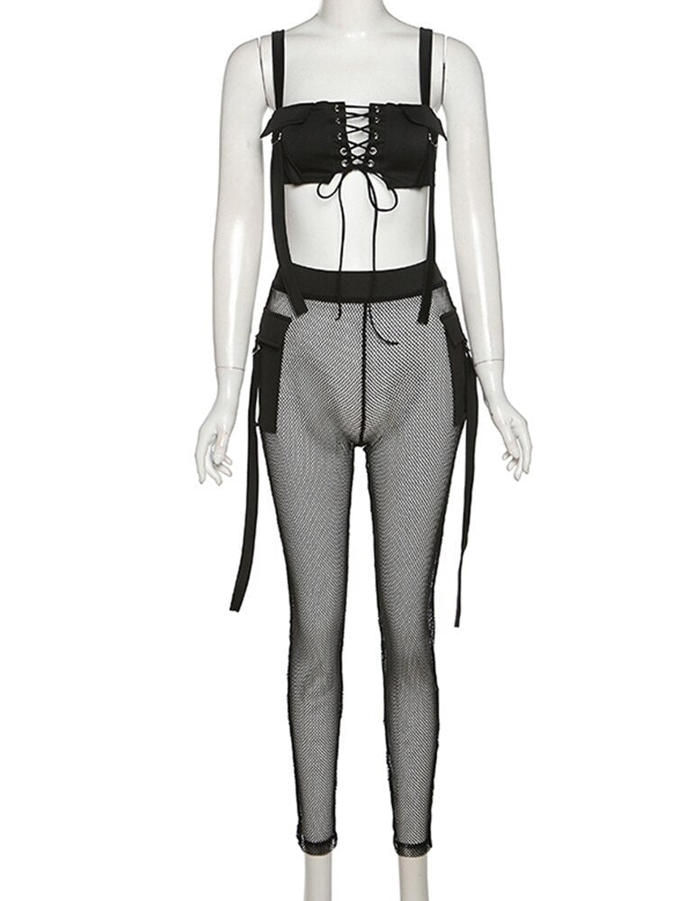 See Through Mesh Crop Top and Trousers Two Piece Set Casual Streetwear 2022 - MERGE.DAY.1.FREESTYLE