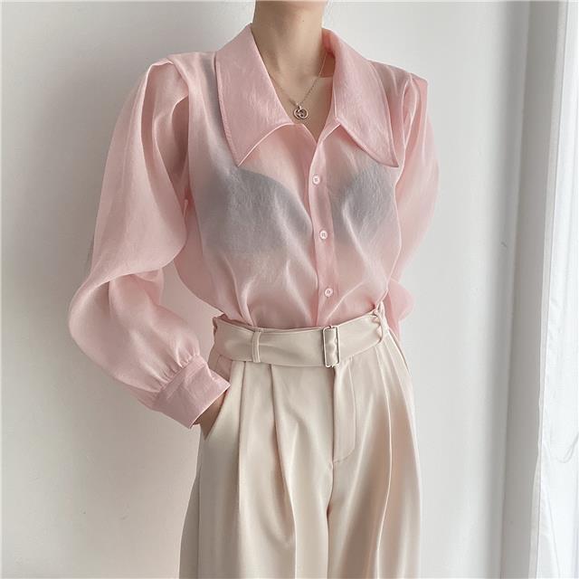 See Through Button Down Shirts Women New Loose Long Sleeve Blouse Female 2022 Summer Suncreen Tops - MERGE.DAY.1.FREESTYLE