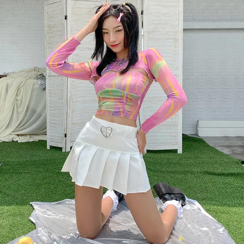 Hollow Bandage T-Shirt Women Sweet Suits Color Pattern Mesh Camisole + Long Sleeve Smock Female - MERGE.DAY.1.FREESTYLE