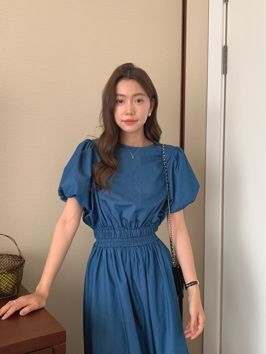 Women's Summer Cotton Denim Sets of Skirts Suit Chic Puff Sleeve Short Top with Umbrella Skirt - MERGE.DAY.1.FREESTYLE