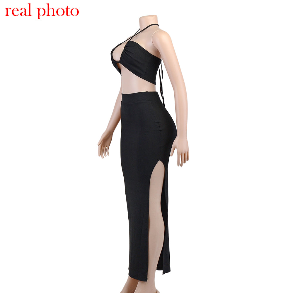 Cryptographic Bandage Cut Out Sexy Halter Neck Top and Skirts Set Gathered Elegant - MERGE.DAY.1.FREESTYLE