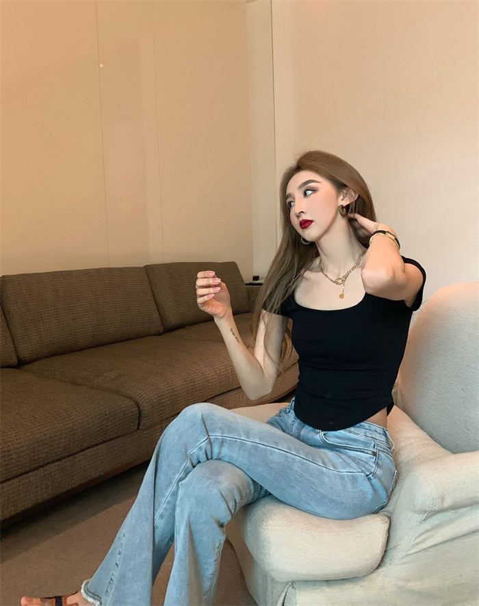 Pure Color Slim Short Sleeve Tees Women 2022 Summer Y2k Crop Fashion Sexy Blouse - MERGE.DAY.1.FREESTYLE