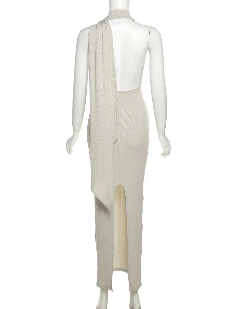 Backless Halter Evening Dress With Scarf Hollow Back Split Skinny - MERGE.DAY.1.FREESTYLE