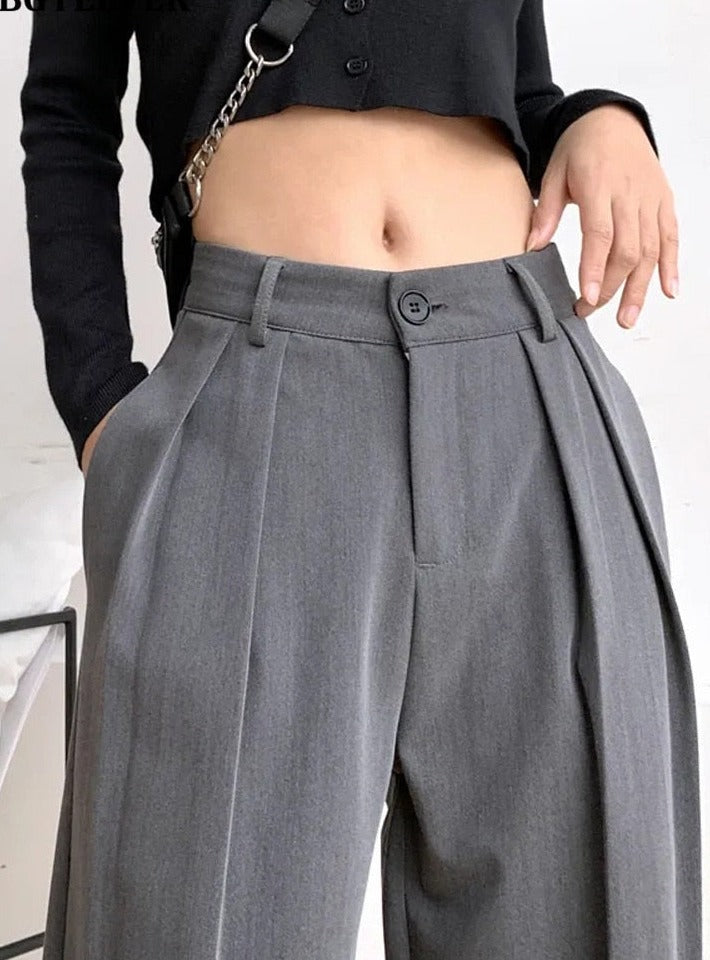 Long Suit Pants High Waist Button Women Wide Leg Trousers - MERGE.DAY.1.FREESTYLE