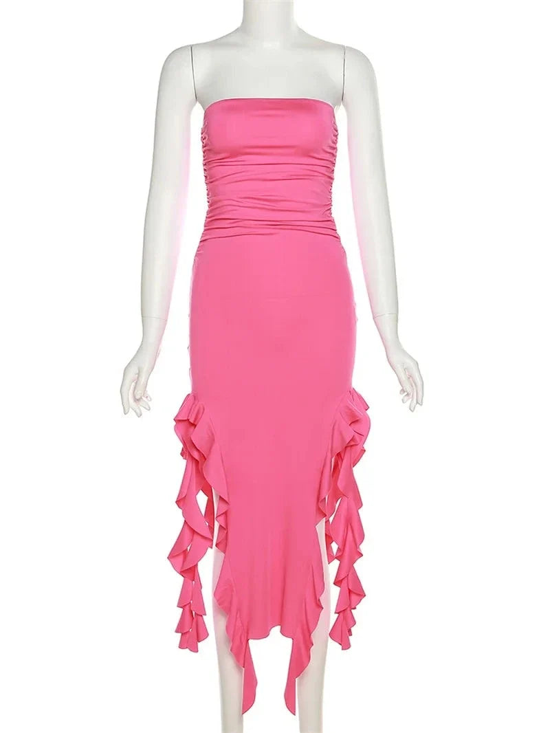 Elegant Strapless Dress Women Irregular Tassel Skinny Split Maxi Bodycon - MERGE.DAY.1.FREESTYLE