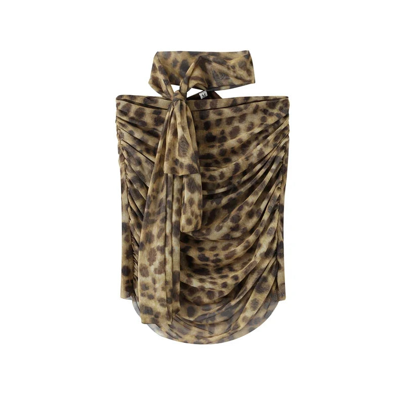 Leopard Print Wrapped Suit Backless Sleeveless Tops Skirts - MERGE.DAY.1.FREESTYLE