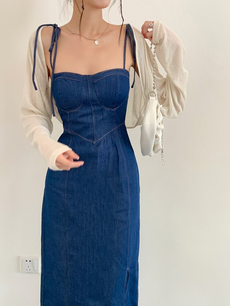 Summer Women Sexy Slip Denim Dress Strapless Lace-up High Waist Dress - MERGE.DAY.1.FREESTYLE